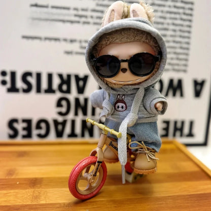 15/17cm Labubu Doll Printed Cycling Hoodie & Jeans Outfit | Stylish Labubu Doll Clothes & Decoration