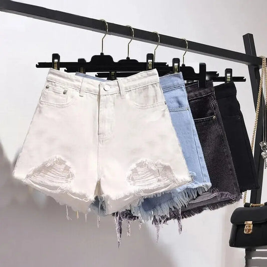 Summer Women’s Korean High Waist Cowboy Denim Shorts — Casual White Jeans with Pockets, Tassels & Ripped Holes Y2K Style