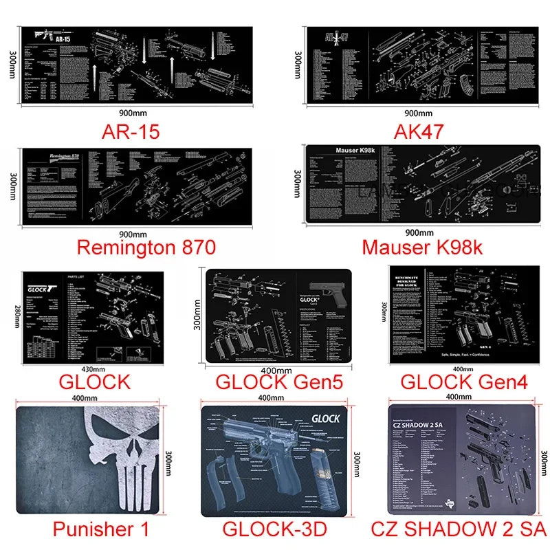 Gun Cleaning Rubber Mat Mouse Pad – AR15, AK47, Remington 870, GLOCK Gen4/Gen5, CZ-75, P220, P226, P229, Beretta 92, 1911 3D Work Mat