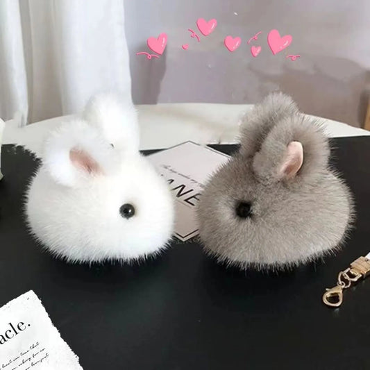 Fluffy Pompon Rabbit Keychain Rings – Cute Bunny Charm Bag & Car Key Pendant, White & Grey