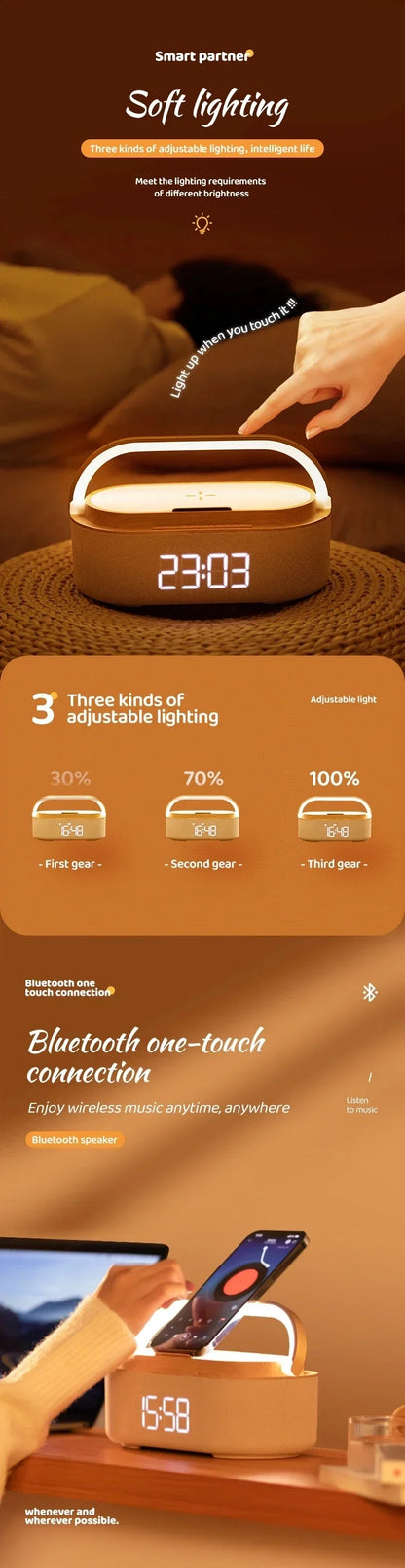 Portable Bluetooth Speaker with Wireless Charging — FM Radio, Alarm Clock, Music Sound Box, Night Light & Charger Lamp