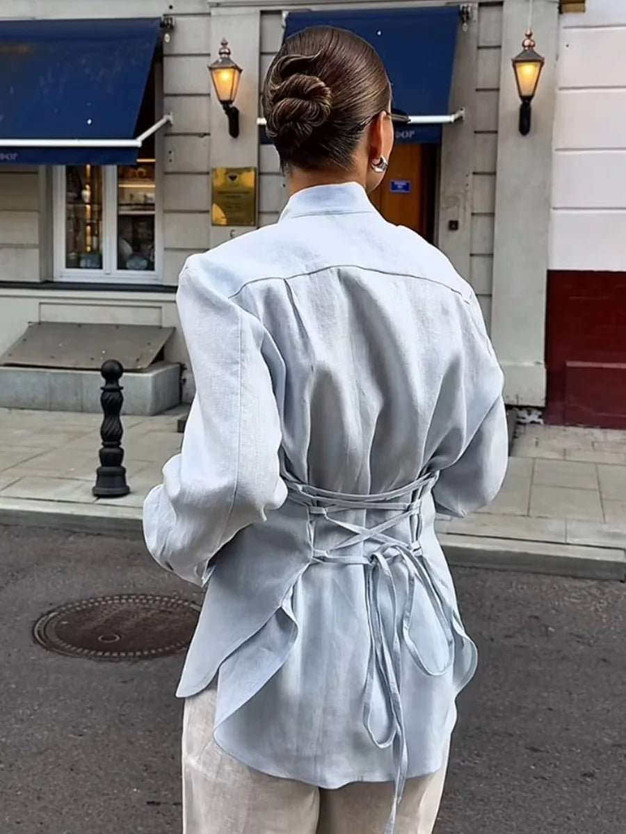 Wolfeel 100% Cotton Women’s Autumn Tie-Belt Shirt, Floating Ribbon Cardigan Slim Fit Commuting Blouse Top