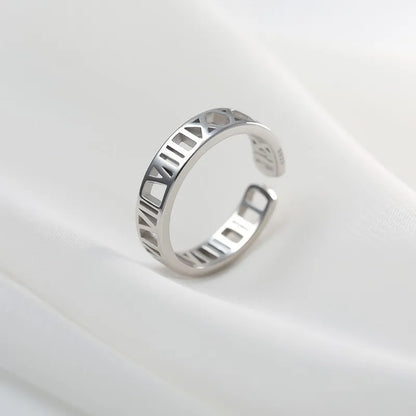 RAKOL 316L Stainless Steel Roman Numeral Ring – Black Shell Adjustable Zircon Tail Ring for Women, Fashion Jewelry