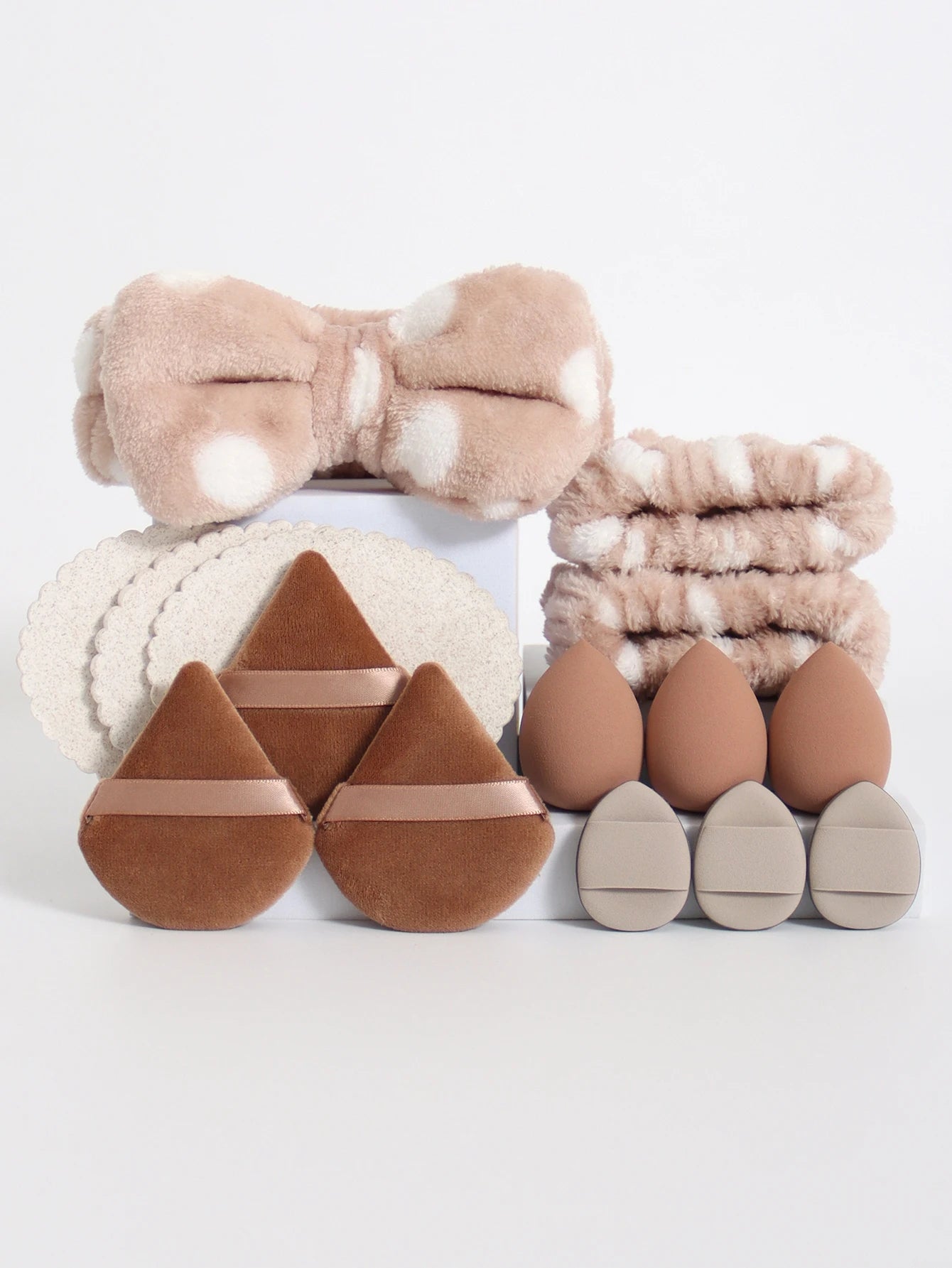 15Pcs Multi-Colored Fluffy Headband & Makeup Sponge Set - Sweet Style Beauty Essentials