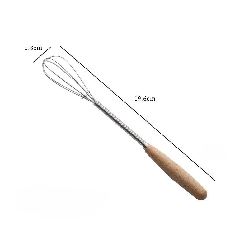 Mini Stainless Steel Whisk — Egg Beater and Milk Frother with Solid Wood Handle for Blending and Beating