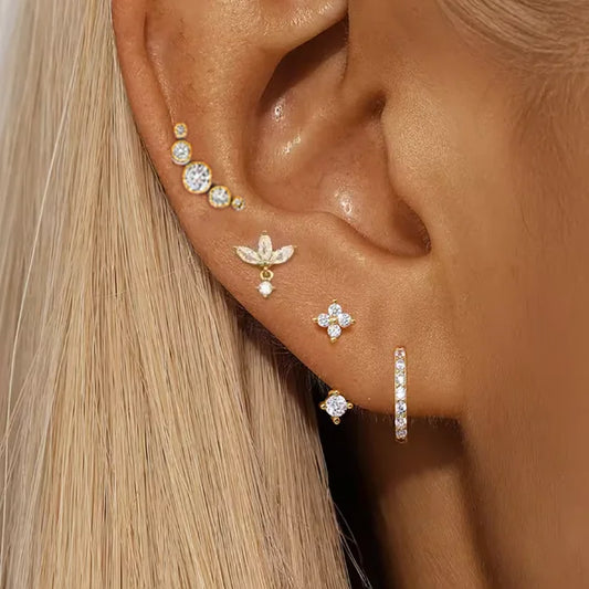 4PCS Women’s Zircon Small Hoop Earrings Set – Stainless Steel Heart, Moon & Flower Huggie Pendant Piercing Jewelry