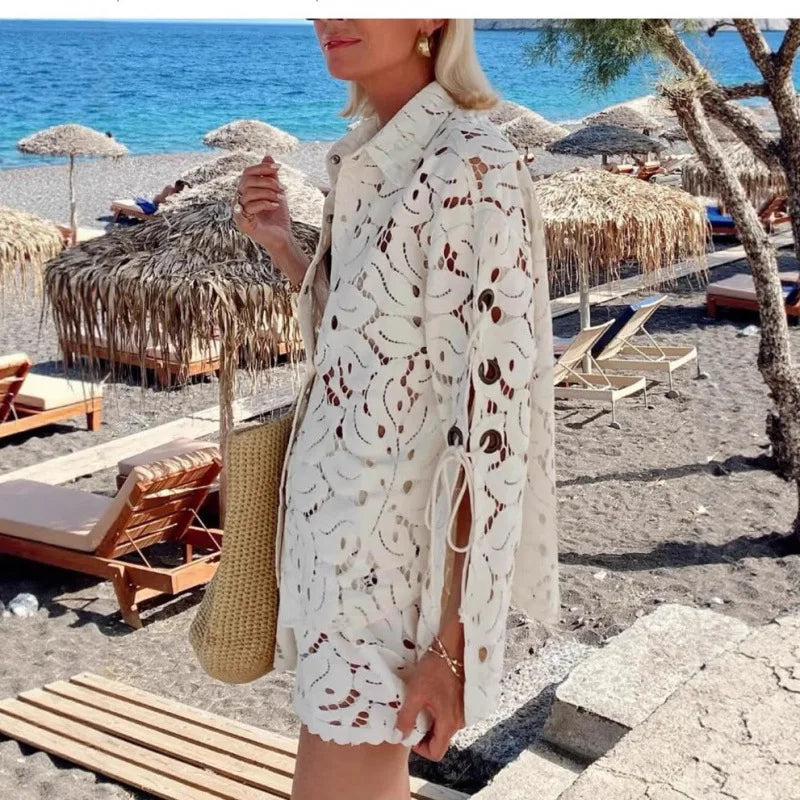 Women’s Hollow Out Lace Two-Piece Set – Solid Color Slit Lace-Up Long Sleeve Shirt & Shorts
