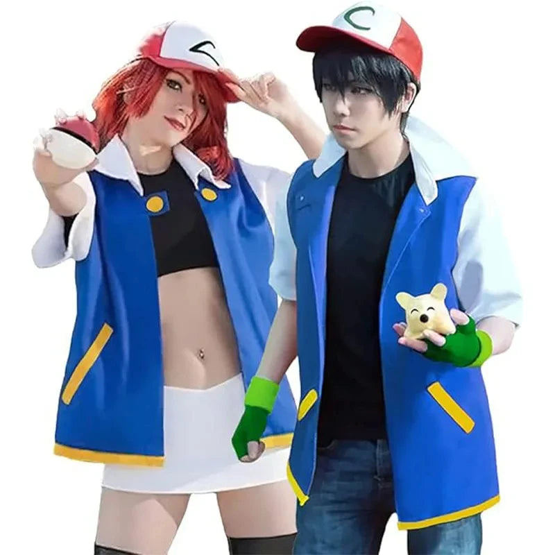 Cartoon Anime Ash Ketchum Trainer Blue Jacket Costume with Hat & Gloves for Kids Pokémon Go Cosplay Party