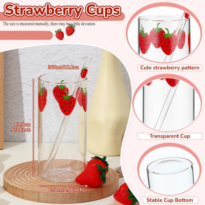 16oz Glass Juice Cup with Straw – Berry Pattern Reusable Coffee & Milk Cup, Easy Clean Drinkware for Hot & Cold Beverages (1/2PCS)