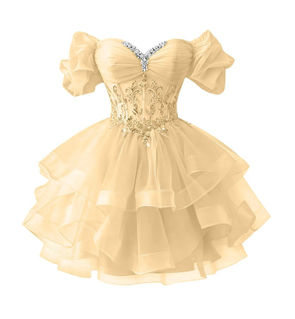 Beaded Lace Homecoming Dress - Short Tiered Tulle Sequin Prom & Quinceañera Gown