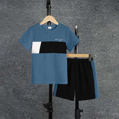 2pcs Boys Casual Colorblock T-Shirt & Shorts Set – Comfortable Summer Kids Clothes