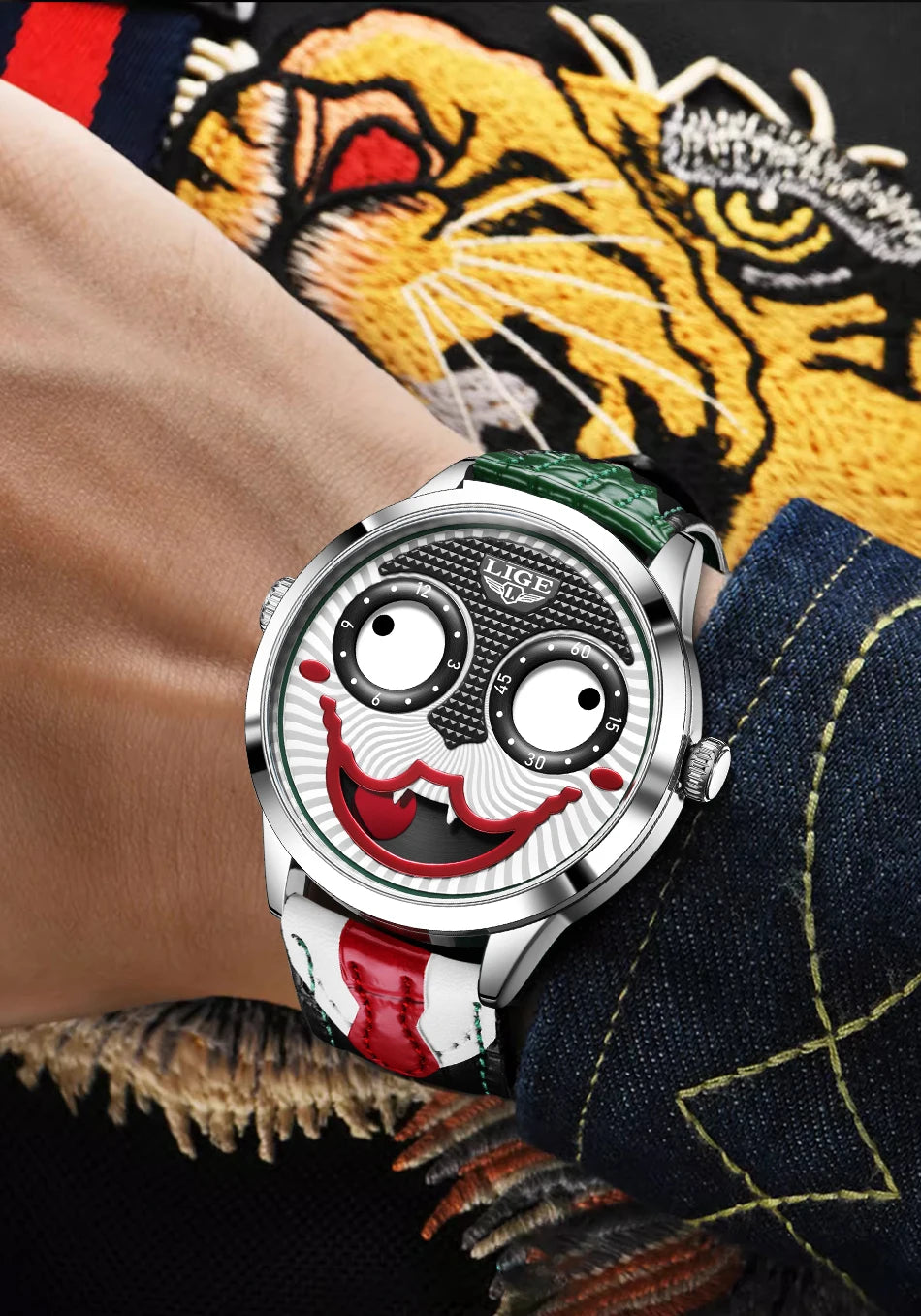 LIGE 2025 Men’s Creative Clown Quartz Watch – Waterproof Leather Strap Joker Fashion Wristwatch