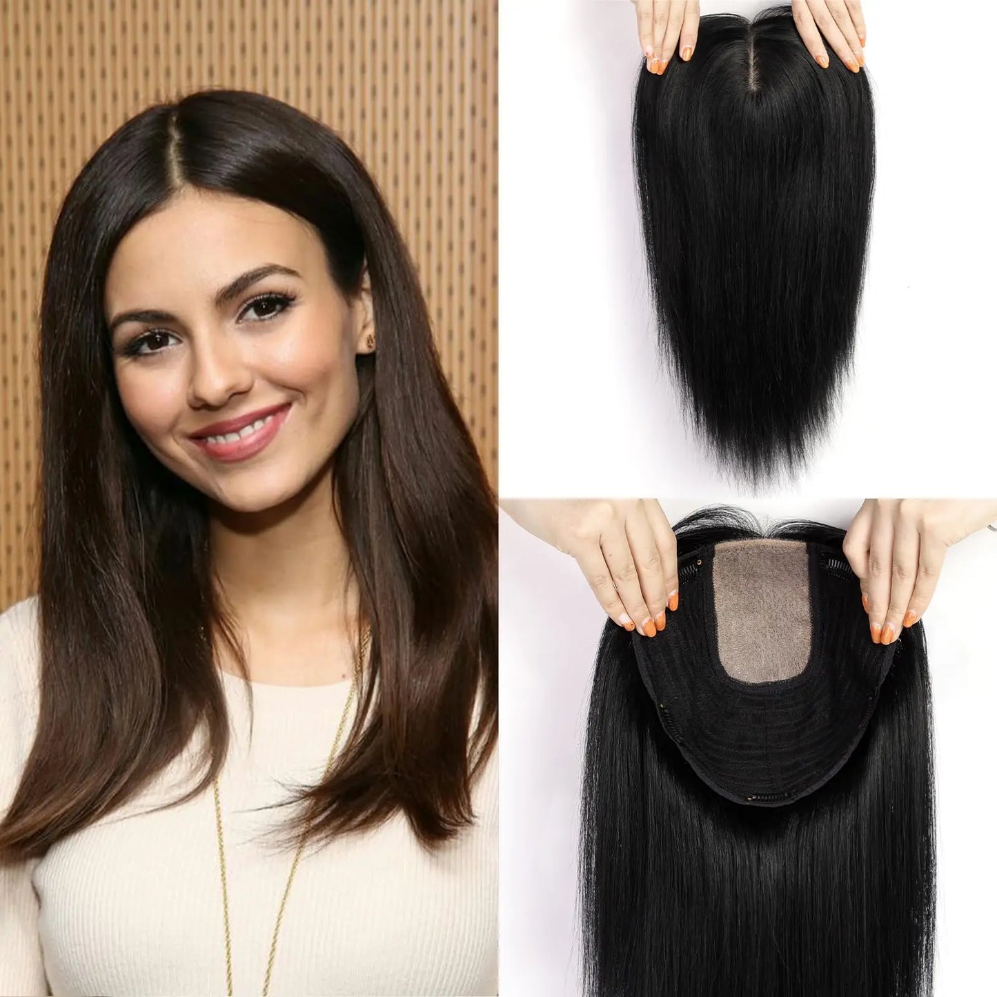 Brown Blonde Highlight Remy Human Hair Toppers – 16 Inch Straight Clip-In Silk Base Hairpiece for Women, Topper Hair Extensions