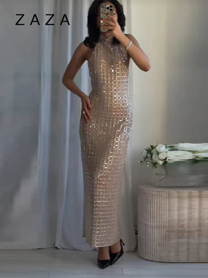 Zaza Chic Elegant Shiny Maxi Dress – Sleeveless High Neck Slim Fit Party Dress for Women