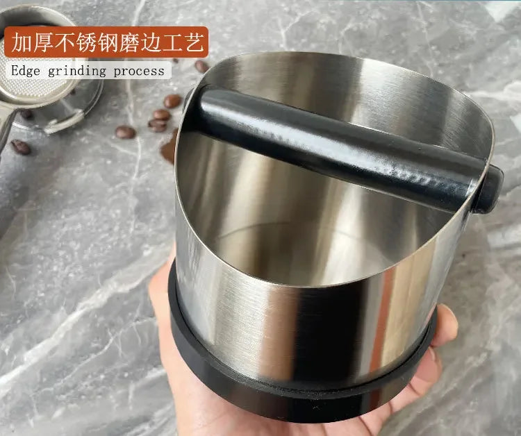 Stainless Steel Coffee Knock Box – Non-Slip Espresso Ground Bin with Rubber Ring and Beveled Design