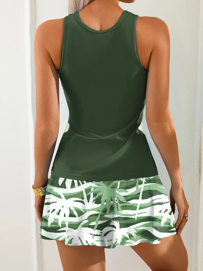 Women’s Floral Tankini Swimsuit - Drawstring Sports Tank Top & Boxer Brief Style Summer Beach Swimwear