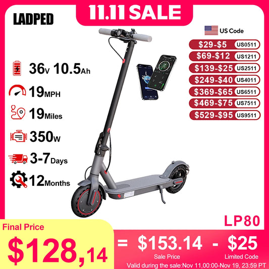 LADPED 350W Electric Scooter - 19MPH Folding Smart E-Scooter with App Control, 8.5-Inch Anti-Skid Tires & Shock Absorption