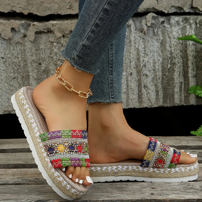 Bohemian Weave Women's Platform Slippers – Handmade Espadrille Sandals, Summer 2023 Beach & Casual Heels