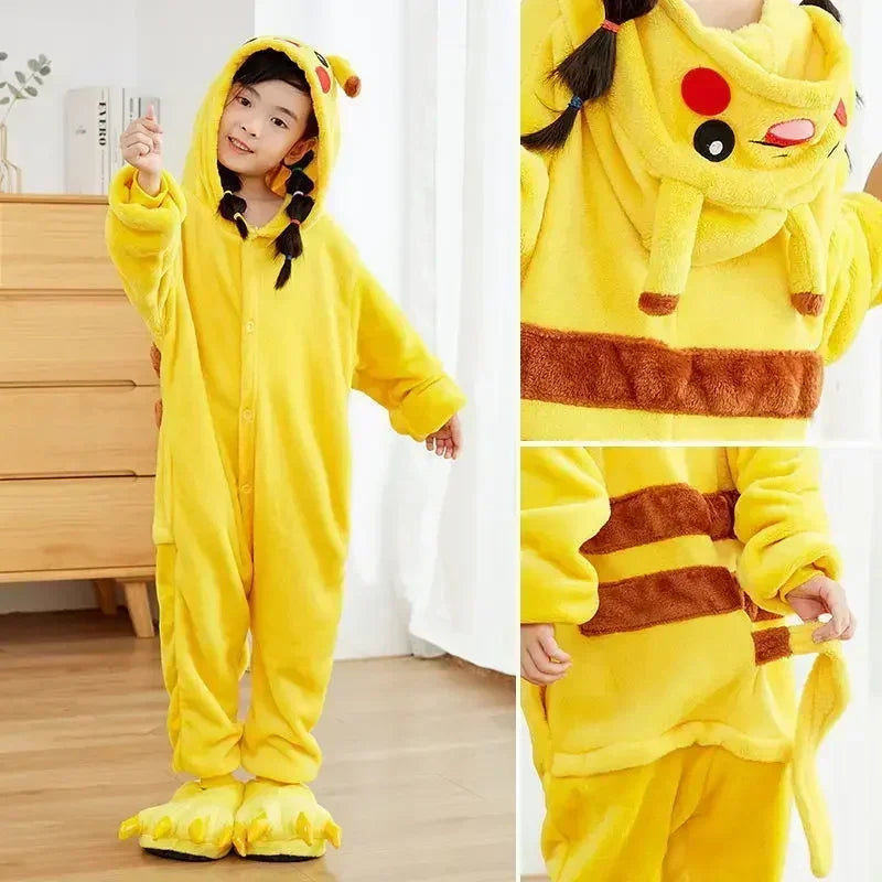 Pokémon Pikachu Flannel Onesie Hoodie Pajamas for Kids & Adults - Soft Warm Autumn/Winter Cosplay Sleepwear Parent-Child Homewear Set