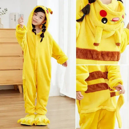 Pokémon Pikachu Flannel Onesie Hoodie Pajamas for Kids & Adults - Soft Warm Autumn/Winter Cosplay Sleepwear Parent-Child Homewear Set