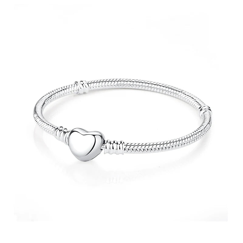 925 Sterling Silver Love Heart Charm Bracelet – Rose Gold Snake Chain Bangle for Women | DIY Luxury Bead Jewelry Accessories