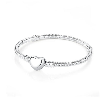 925 Sterling Silver Love Heart Charm Bracelet – Rose Gold Snake Chain Bangle for Women | DIY Luxury Bead Jewelry Accessories