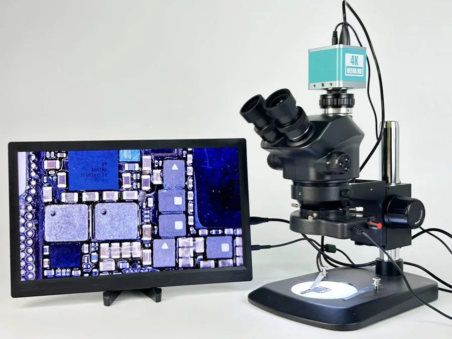 3.5-200X Simul-Focal Stereo Trinocular Microscope Set – 4K/2K/1080P HDMI VGA USB Camera, Clamp & Folding Extension Base