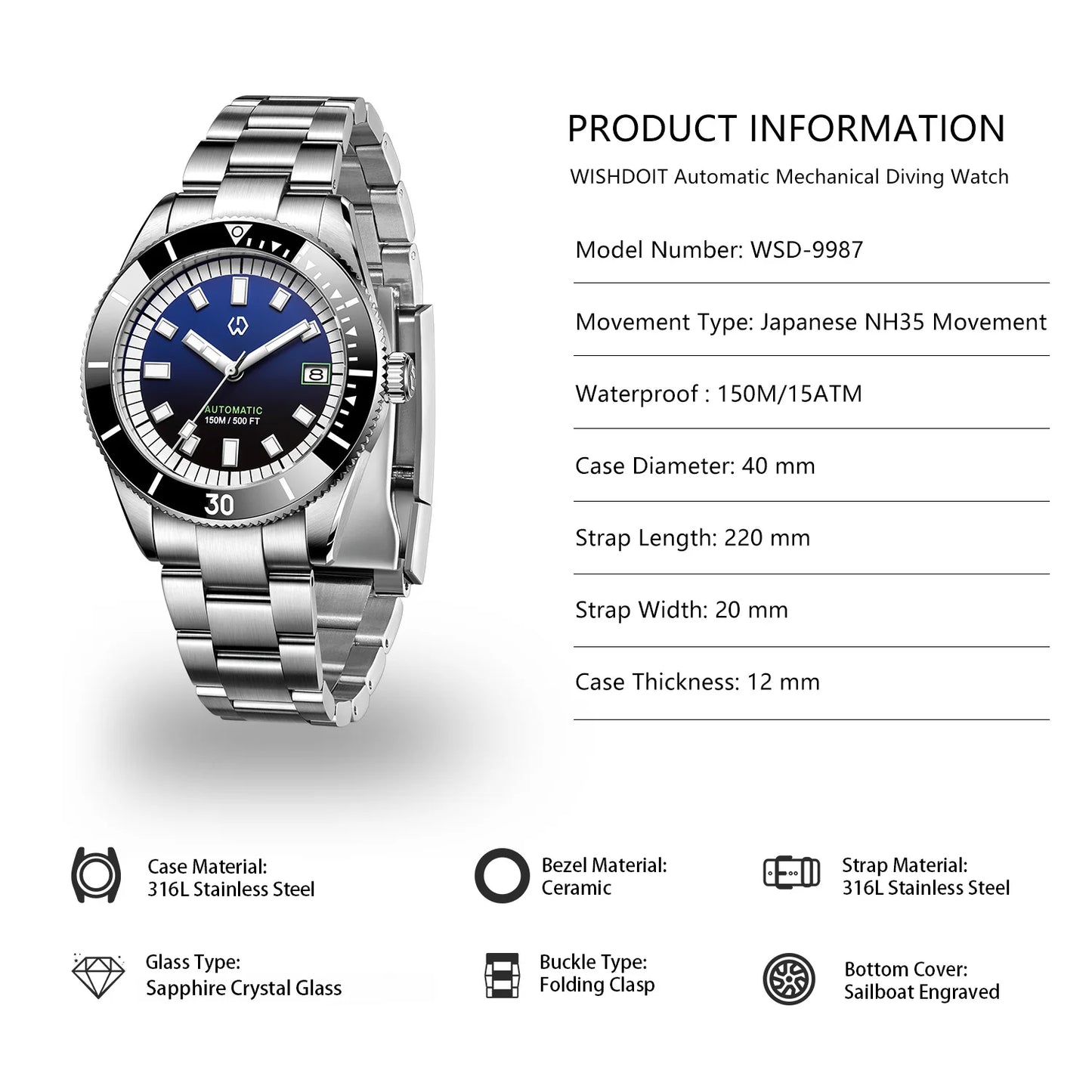 Men’s Automatic Mechanical Watch – Super Luminous Bezel, Japan NH35 Movement, 150M Waterproof Diving Watch