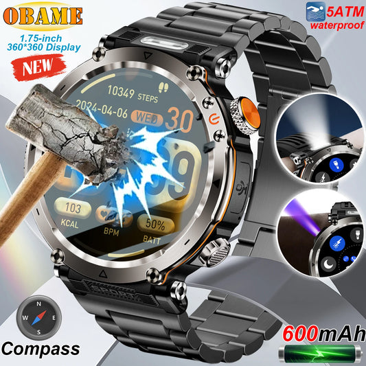 2025 5ATM Outdoor Smartwatch for Men – 600mAh Battery, LED Flashlight, Compass, Bluetooth Call, Heart Rate, IP68 Sports Watch