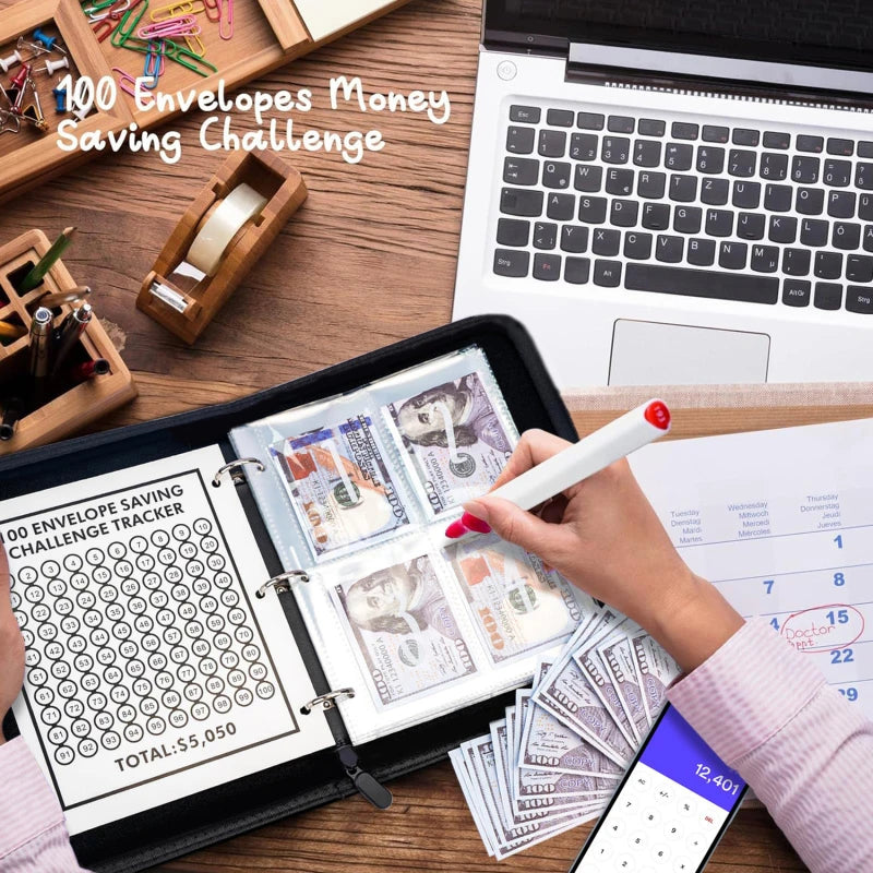100 Day Couple's Challenge Journal – PU Leather Loose-Leaf Savings Book with Magnetic Buckle, Save & Make Money Notebook