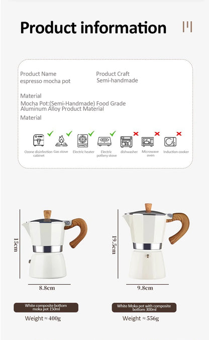 Vintage Wooden Handle Moka Pot – Classic Italian Espresso Maker 150ml/300ml for Home & Cafe Use