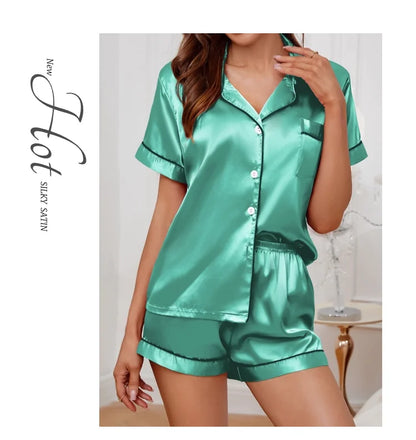 Women's Satin Pajamas Set – Summer Two-Piece Sleepwear with Button-Down Top and Shorts, Comfortable Nightwear Loungewear