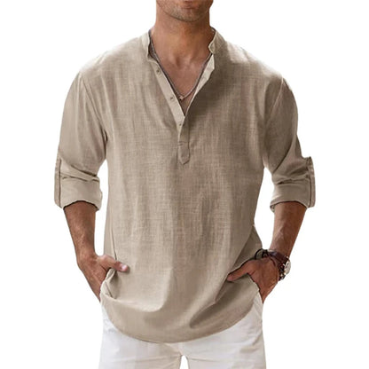 Men's Cotton Linen Henley Shirt - Lightweight Long Sleeve Casual Beach Summer Top