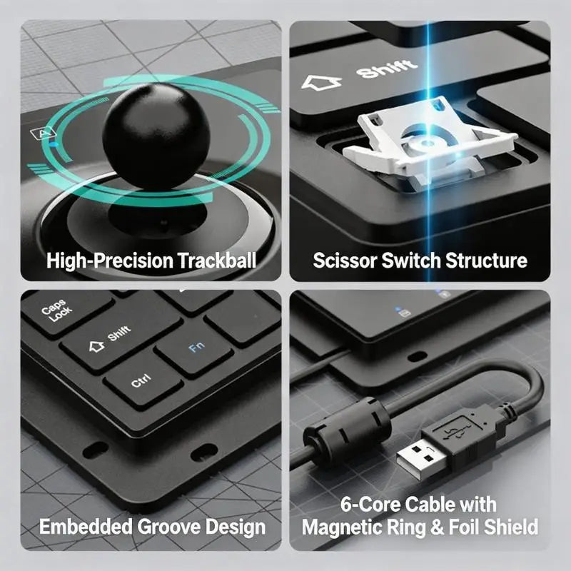 64-Key USB Industrial Keyboard - Embedded Trackball & Silent Keys for Office and Factory Use D2RC