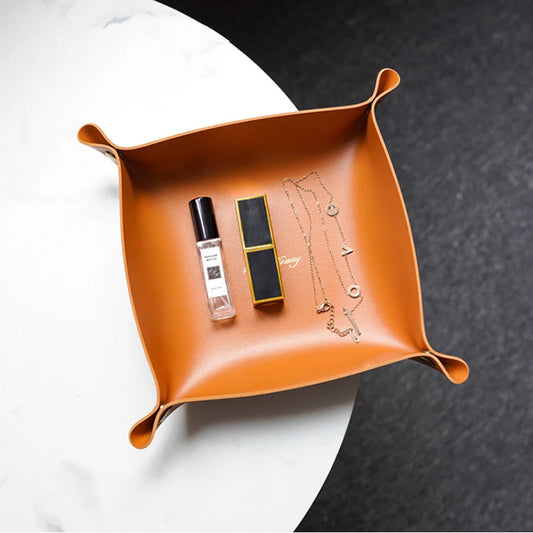 Nordic Style Leather Desktop Storage Tray — Folding Organizer for Keys, Jewelry, Cosmetics, and Home Decor