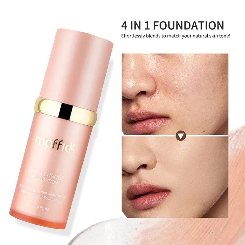4-in-1 Color Changing Foundation – Moisturizing, SPF 30+ Hydrating, Long-Wearing Waterproof Makeup Base for Travel Coverage