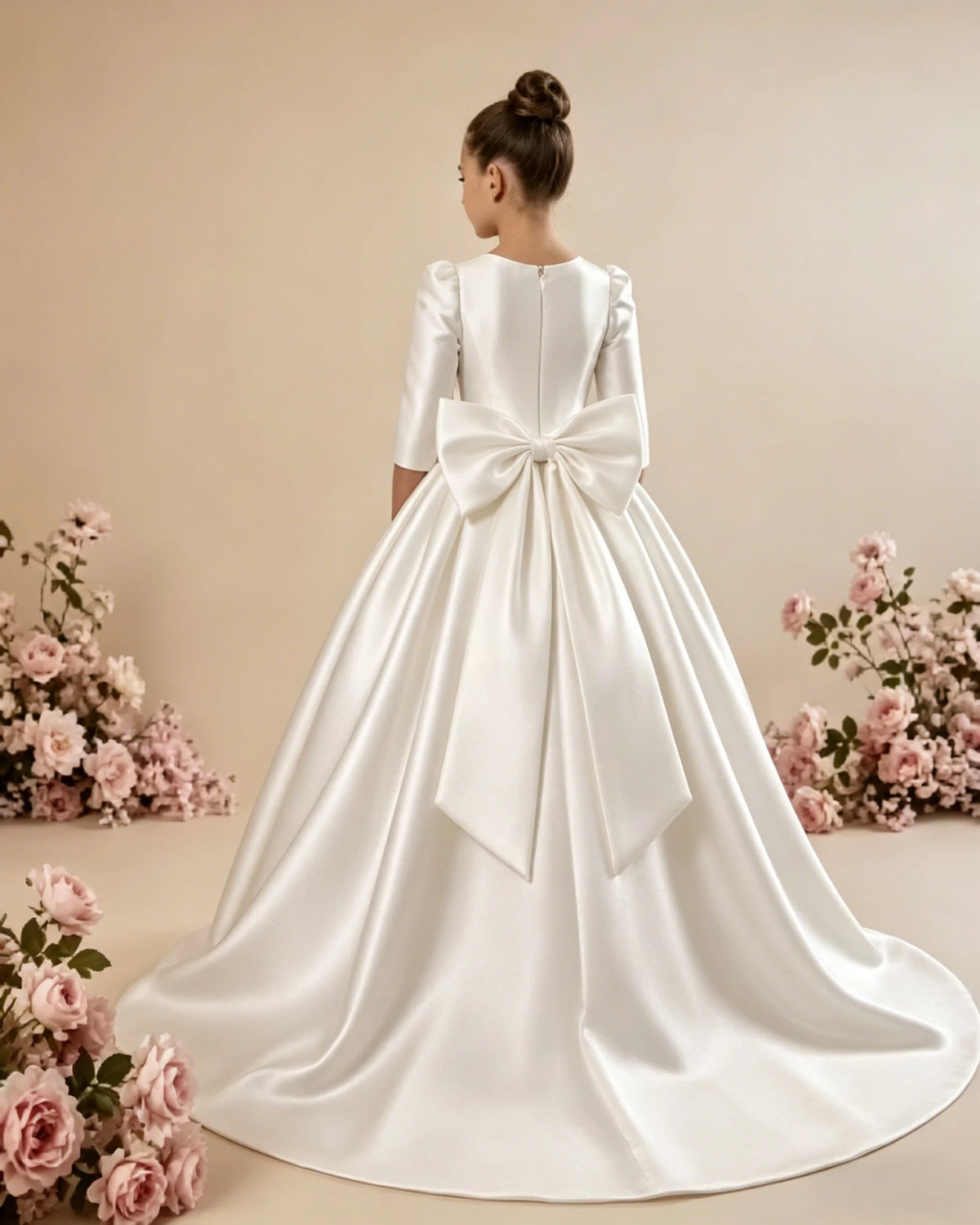 Girls First Communion Satin Dress - Long Sleeve A-Line Princess Gown for Weddings & Parties