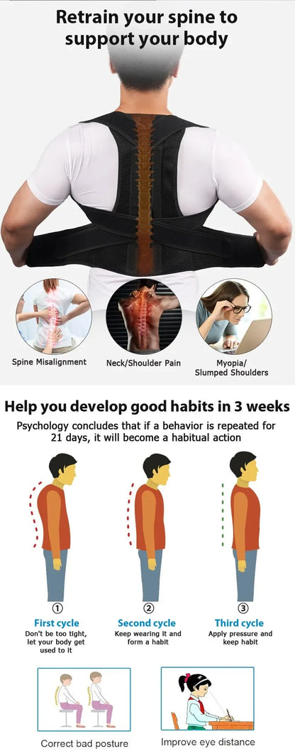 Back Posture Corrector Brace — Shoulder Support Belt for Upper & Lower Back Pain Relief | Spine & Clavicle Posture Vest