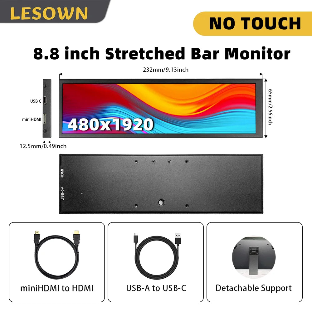 LESOWN Stretched Bar LCD Monitor - 11.3/8.8/7.9 Inch Secondary Display for PC Case, CPU, GPU & AIDA64 DIY Monitoring