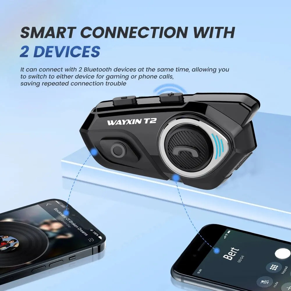 WAYXIN T2 Motorcycle Helmet Bluetooth Headset – Waterproof 300M Intercom for 2 Riders, BT 5.1 Moto Interphone