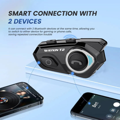 WAYXIN T2 Motorcycle Helmet Bluetooth Headset – Waterproof 300M Intercom for 2 Riders, BT 5.1 Moto Interphone