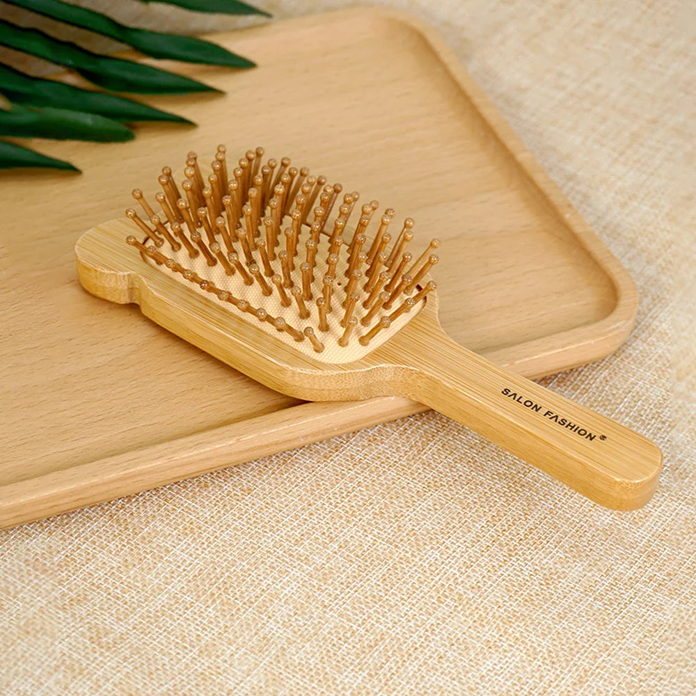 Bamboo Hair Brush with Wide Teeth & Air Bag - Smooth Scalp Massage Comb for Women Hairdressing Styling Tools