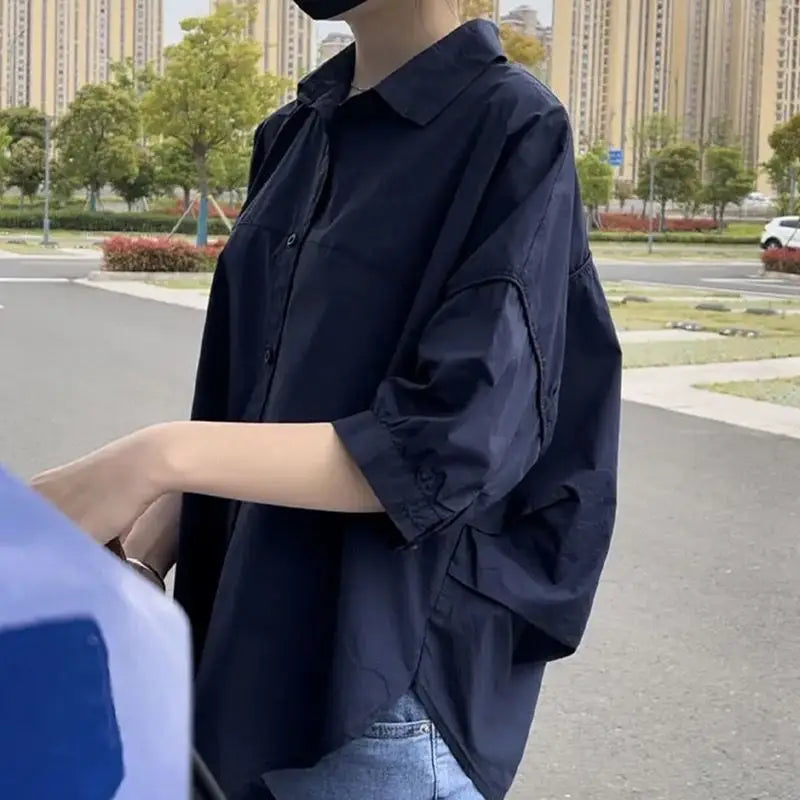 2025 Women’s Cotton Mid-Sleeve Loose Blouse – Casual Irregular Summer Shirt Korean Fashion