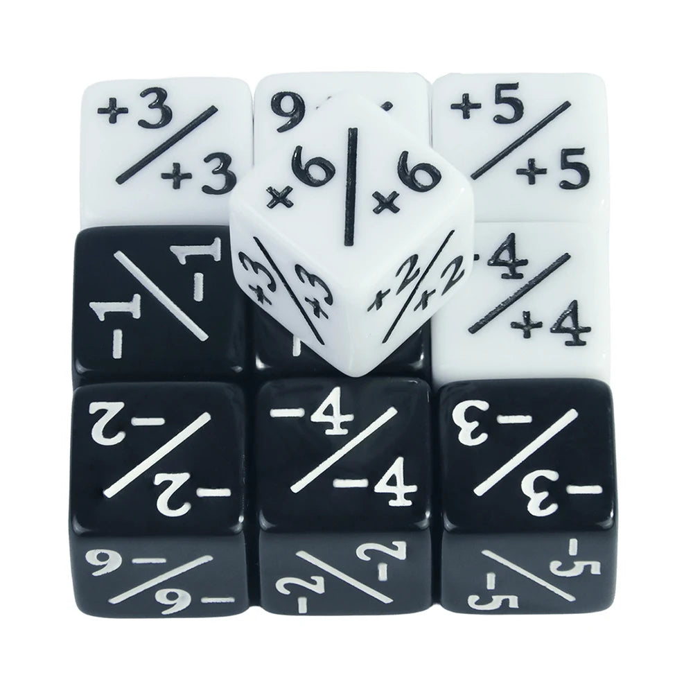 10pcs D6 Dice Counter Set - +1/+1 & -1/-1 Six Sided Dice for Math Teaching, Kids Arithmetic Toys and Card Game Accessories