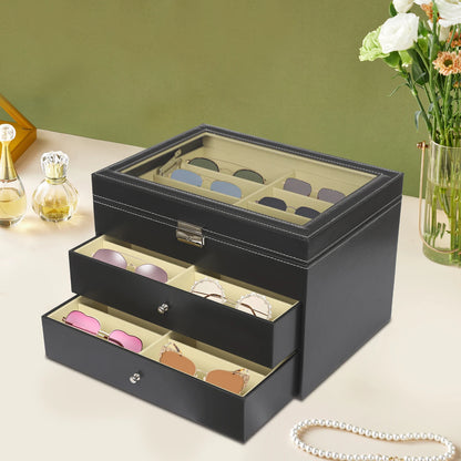 3-Layer Leather Glasses Organizer with Drawer – 24 Slot Sunglasses Display & Storage Case Rust-Resistant