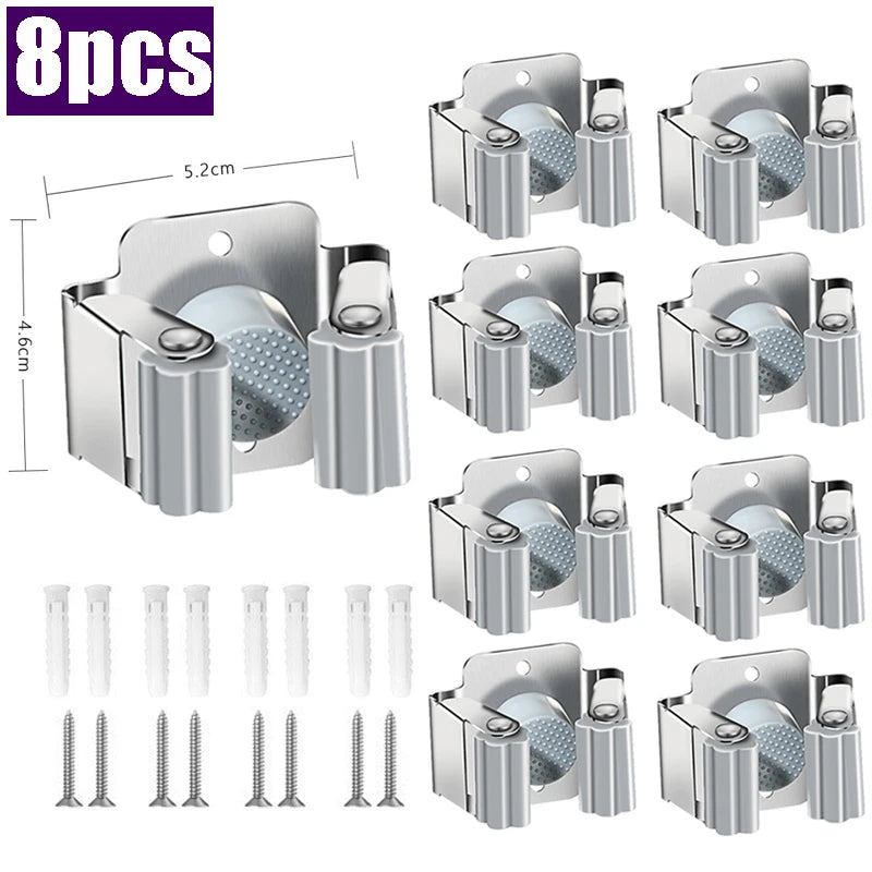 Stainless Steel Mop Clip Holder — Wall-Mounted Broom & Brush Hanger Rack for Kitchen & Bathroom Organization