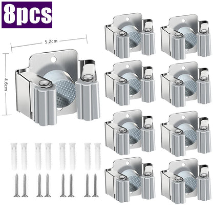 Stainless Steel Mop Clip Holder — Wall-Mounted Broom & Brush Hanger Rack for Kitchen & Bathroom Organization