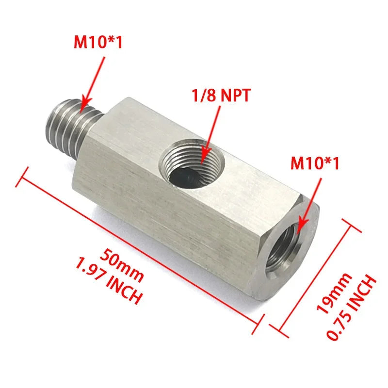 Oil Pressure Sensor Tee Adapter — M10x1.0 to M10x1.0 with 1/8NPT Female Side Holes for Turbo Supply Feed Line Gauge