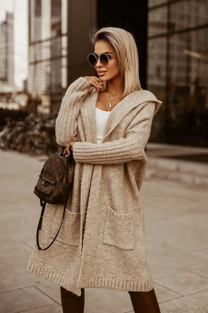 2023 Autumn/Winter Sweater Cardigan – Lapel Hooded Long Knit Coat with Letter Design, Loose Fit for Women