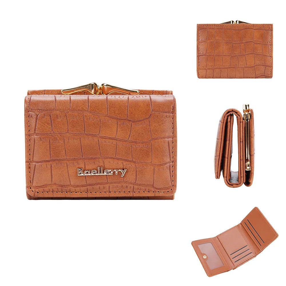 Baellerry Short Women’s Wallet — Crocodile Pattern Coin & Card Holder with Photo Slots, Hasp Purse for Girls